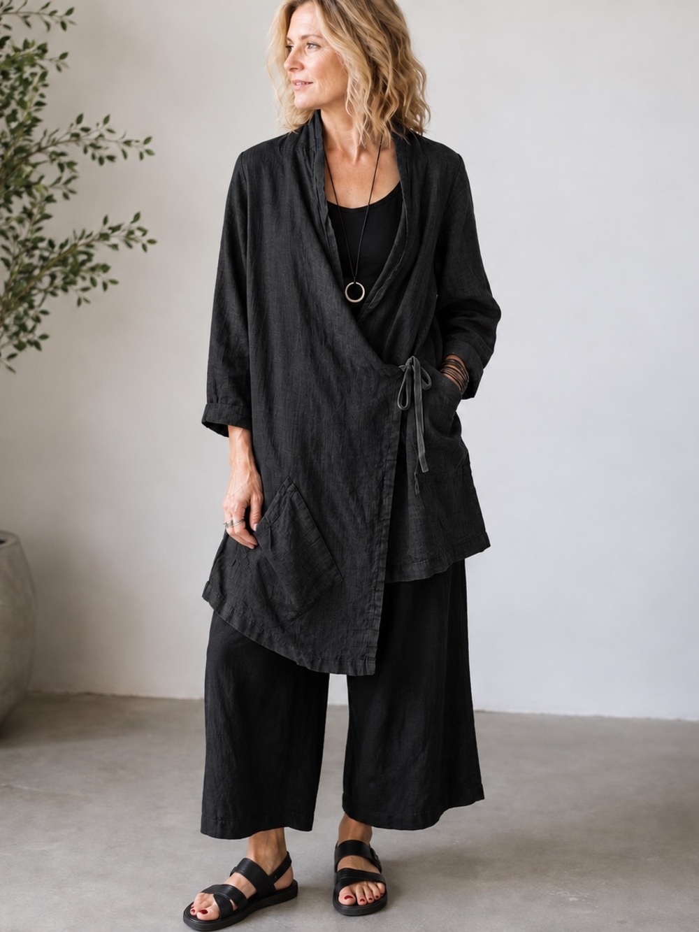 Bryn Walker Linen Wrap Tunic Top Large Washed Black Lagenlook Minimalist Artsy